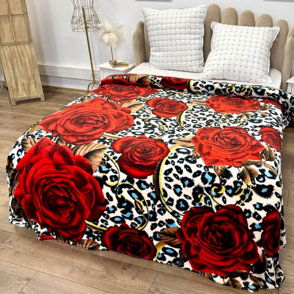 Patura pufoasa cocolino 200x230cm, 240g/mp, Alb, Negru, animal print, trandafiri – imagine 2