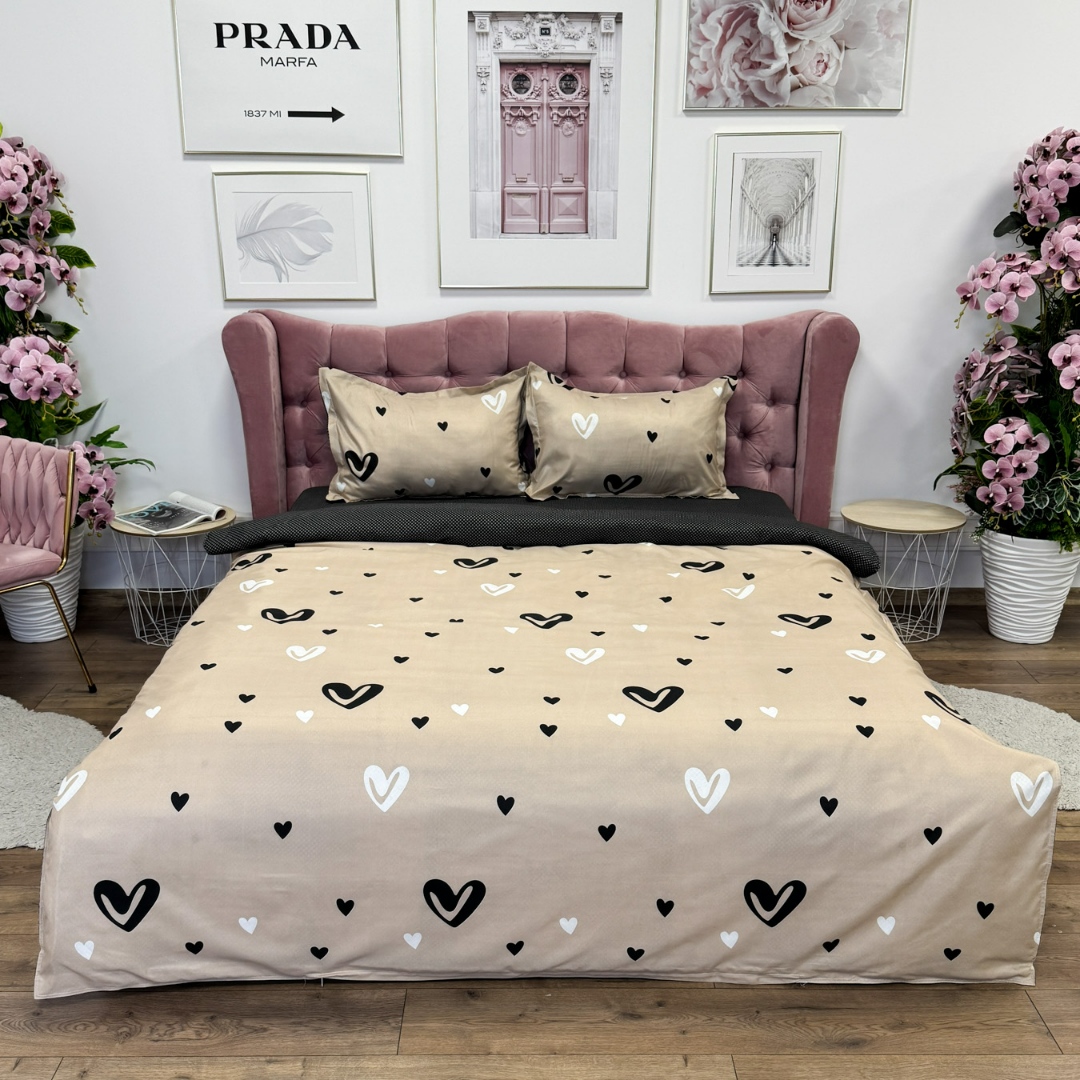 Lenjerie Pat Dublu Cu Elastic Bumbac Satinat - 3 Bucati 219 Lei - Bej Inimioare - imagine 2