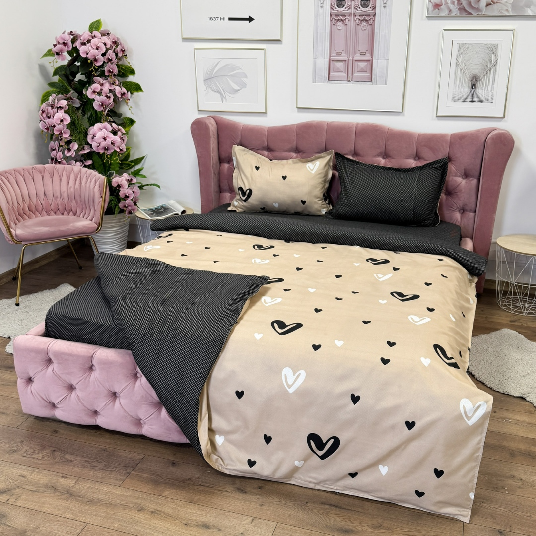 Lenjerie Pat Dublu Cu Elastic Bumbac Satinat - 3 Bucati 219 Lei - Bej Inimioare - imagine 8