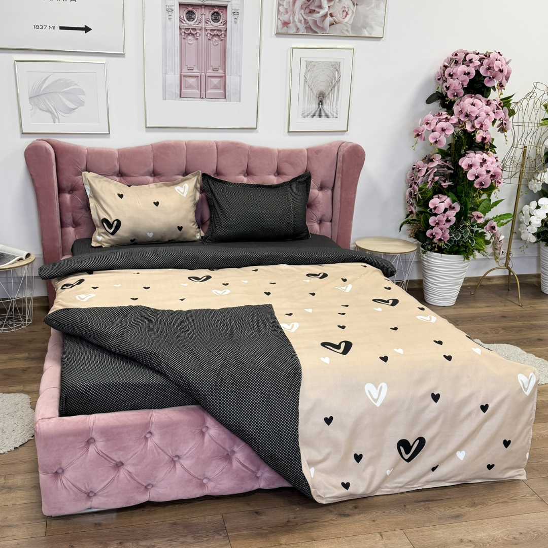 Lenjerie Pat Dublu Cu Elastic Bumbac Satinat - 3 Bucati 219 Lei - Bej Inimioare - imagine 9