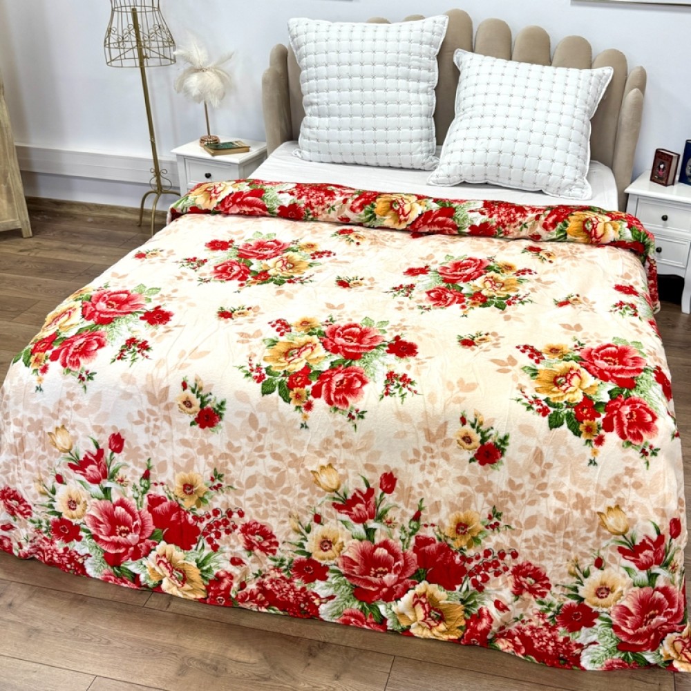 Patura pufoasa cocolino 200x230cm, 240g/mp, Crem, Rosu, flori — imaginea 2