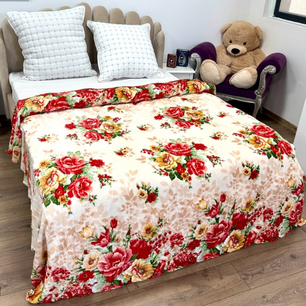 Patura pufoasa cocolino 200x230cm, 240g/mp, Crem, Rosu, flori — imaginea 3
