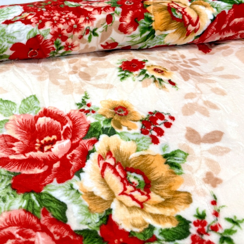 Patura pufoasa cocolino 200x230cm, 240g/mp, Crem, Rosu, flori — imaginea 4