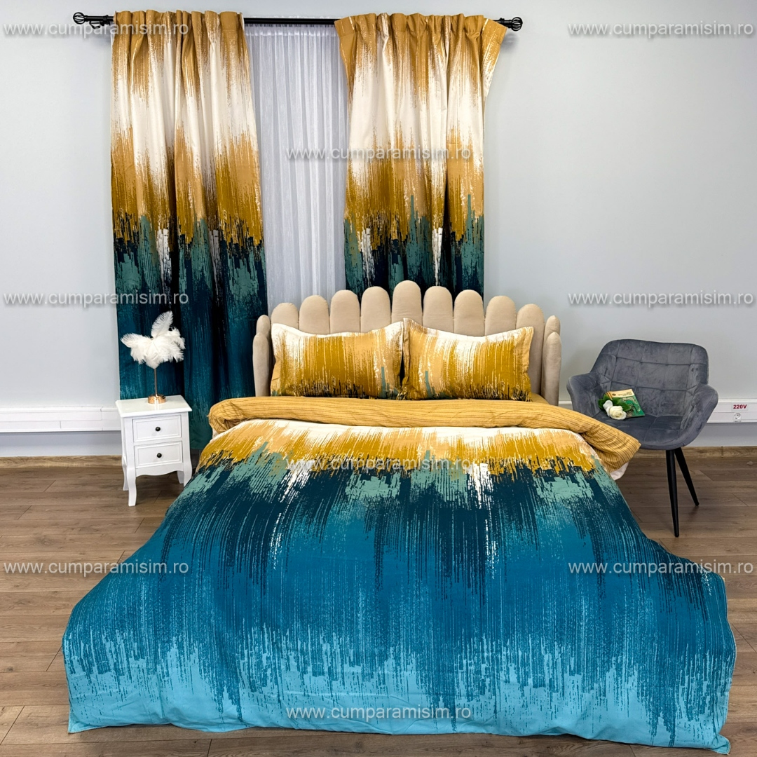 Lenjerie Pat Single, FINET, 6 piese, cu 2 DRAPERII INCLUSE, Bej, Verde - view 3