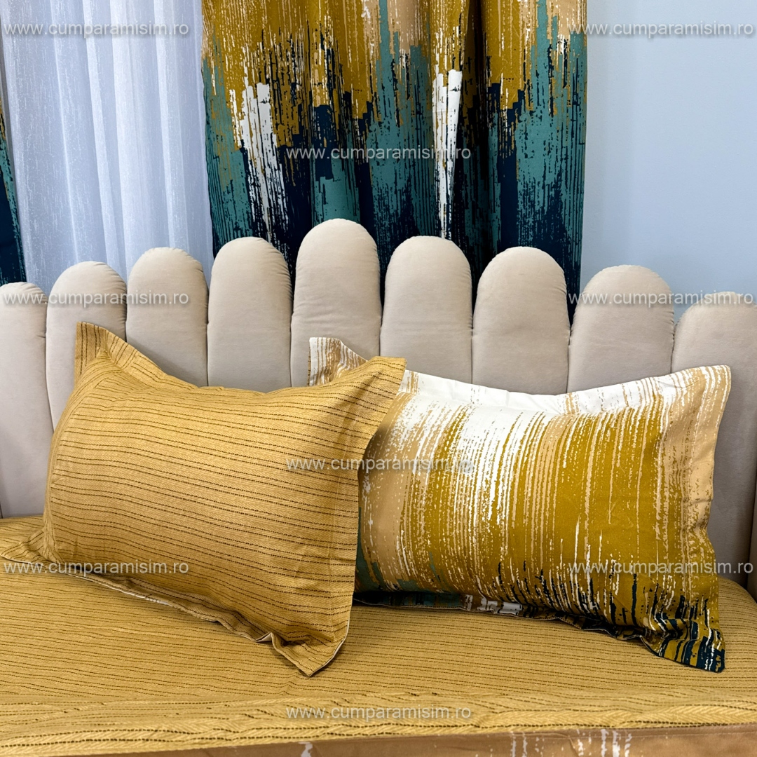 Lenjerie Pat Single, FINET, 6 piese, cu 2 DRAPERII INCLUSE, Bej, Verde - view 6