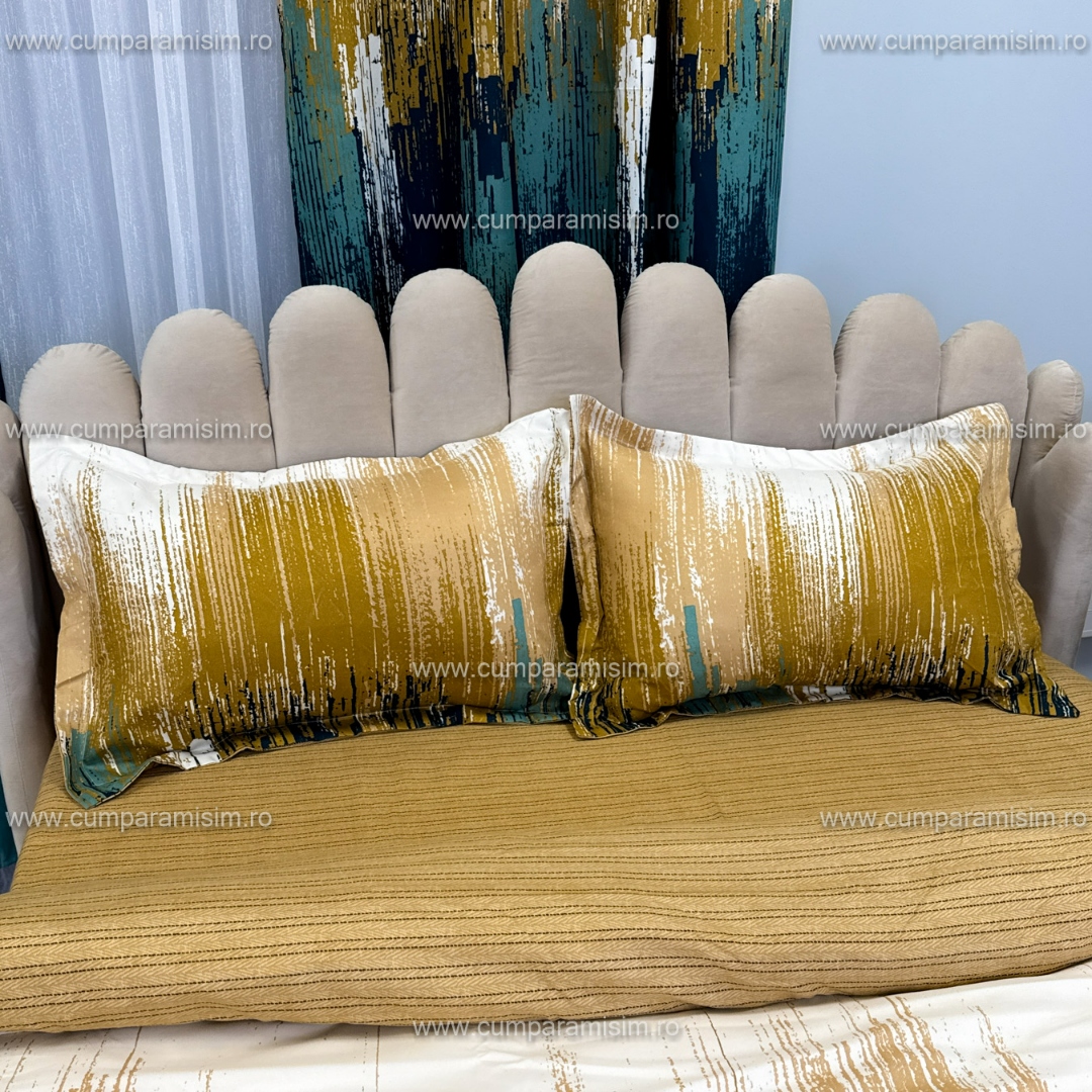 Lenjerie Pat Single, FINET, 6 piese, cu 2 DRAPERII INCLUSE, Bej, Verde - view 7