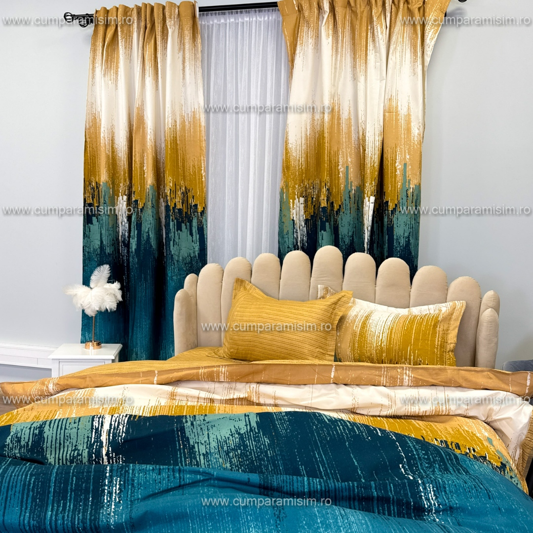 Lenjerie Pat Single, FINET, 6 piese, cu 2 DRAPERII INCLUSE, Bej, Verde - view 8