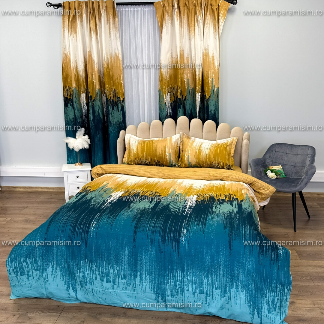 Lenjerie Pat Single, FINET, 6 piese, cu 2 DRAPERII INCLUSE, Bej, Verde - view 9