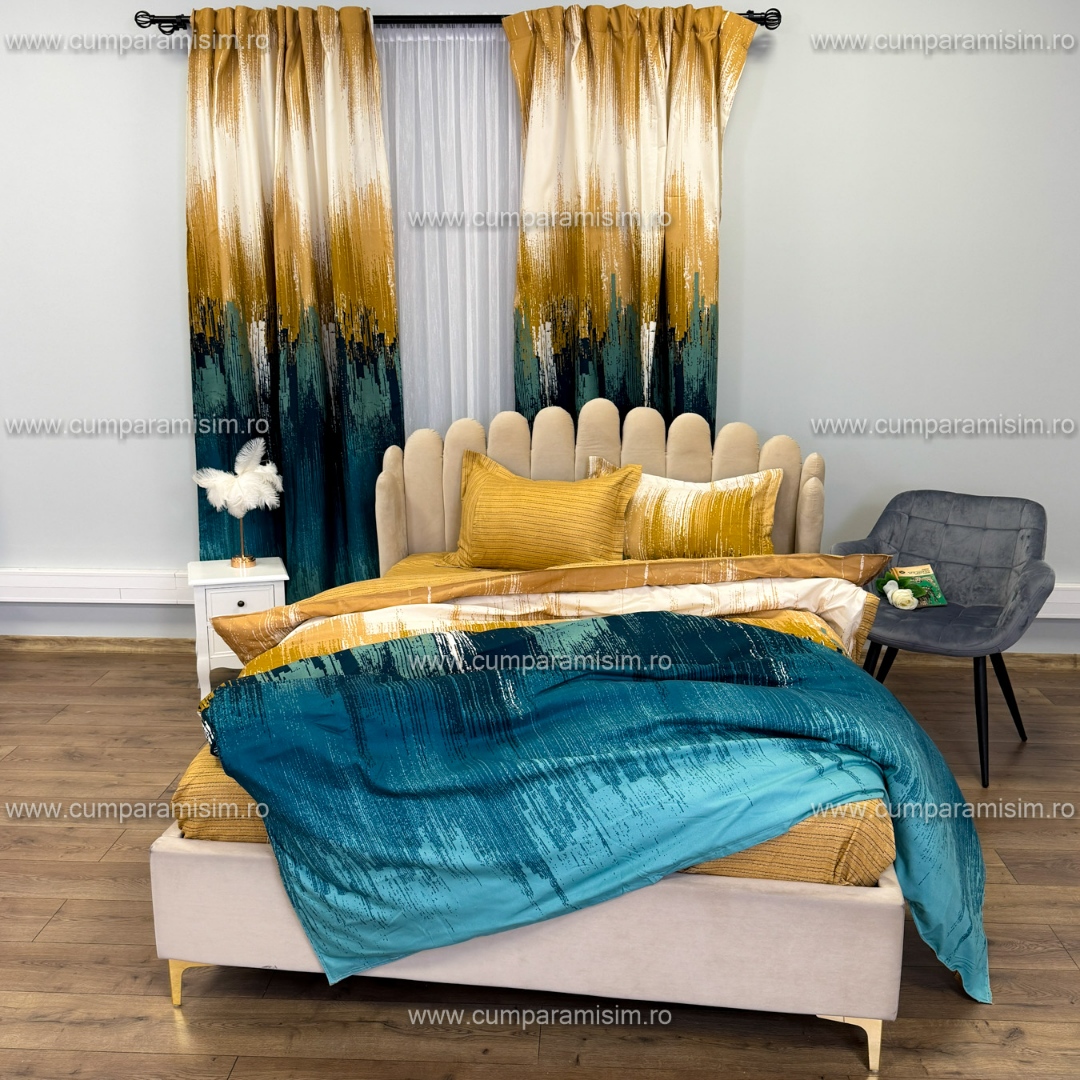 Lenjerie Pat Single, FINET, 6 piese, cu 2 DRAPERII INCLUSE, Bej, Verde - view 10