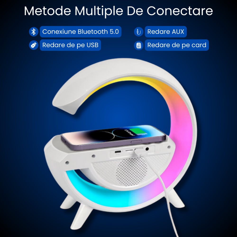 Lampa LED 23,5cm cu Boxa Bluetooth, incarcator Wireless, Lumini RGB Si Ceas Integrat - imagine 31