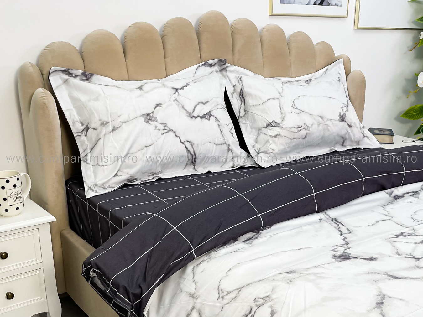 Lenjerie pat dublu cu Elastic, bumbac satinat, Gri, marmura - view 5