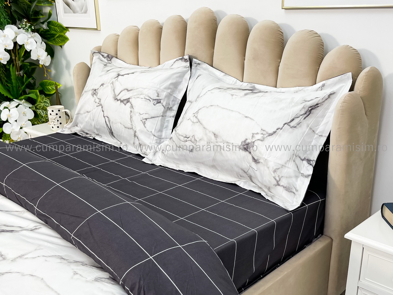 Lenjerie pat dublu cu Elastic, bumbac satinat, Gri, marmura - view 6