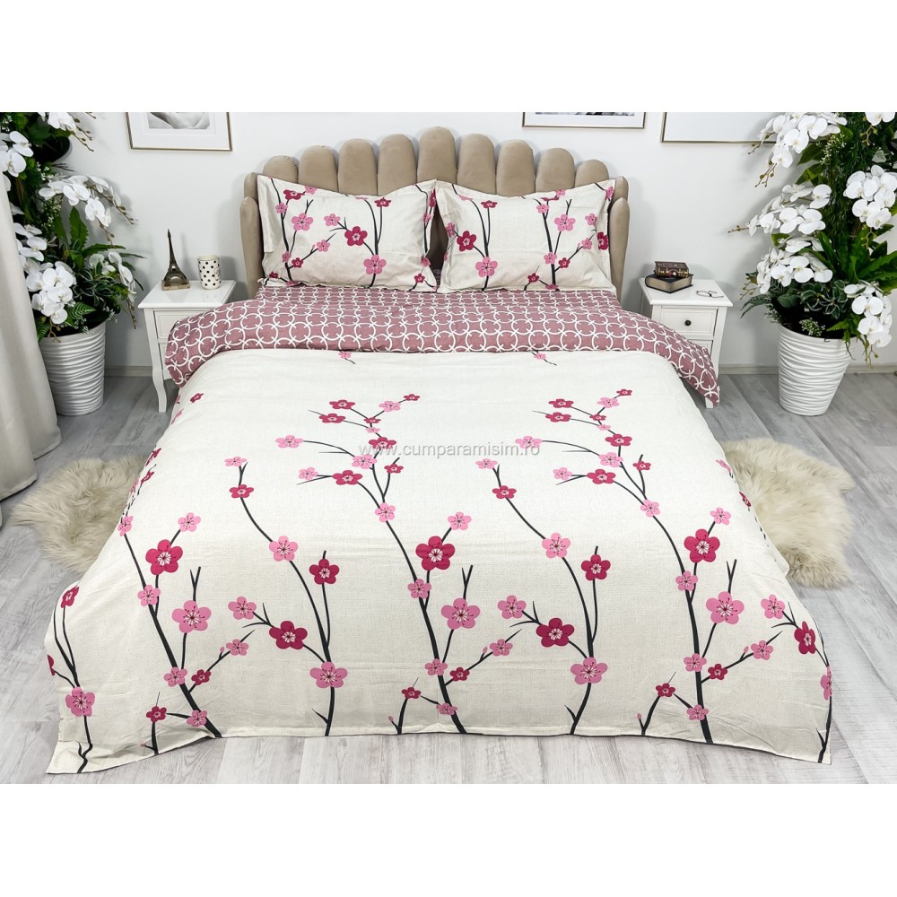 Lenjerie pat dublu cu Elastic, bumbac satinat, Roz, flori - view 2