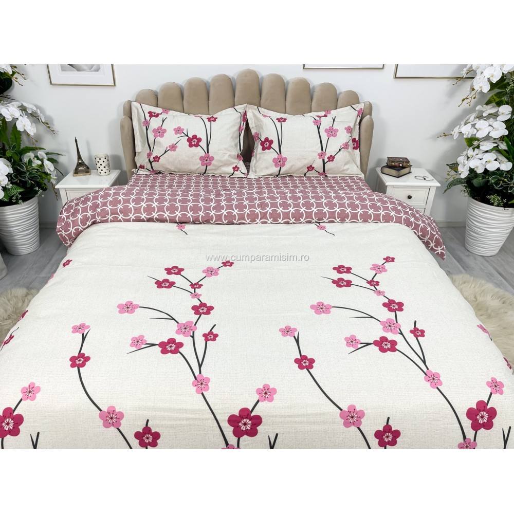 Lenjerie pat dublu cu Elastic, bumbac satinat, Roz, flori - view 3