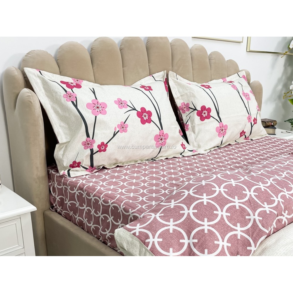 Lenjerie pat dublu cu Elastic, bumbac satinat, Roz, flori - view 5