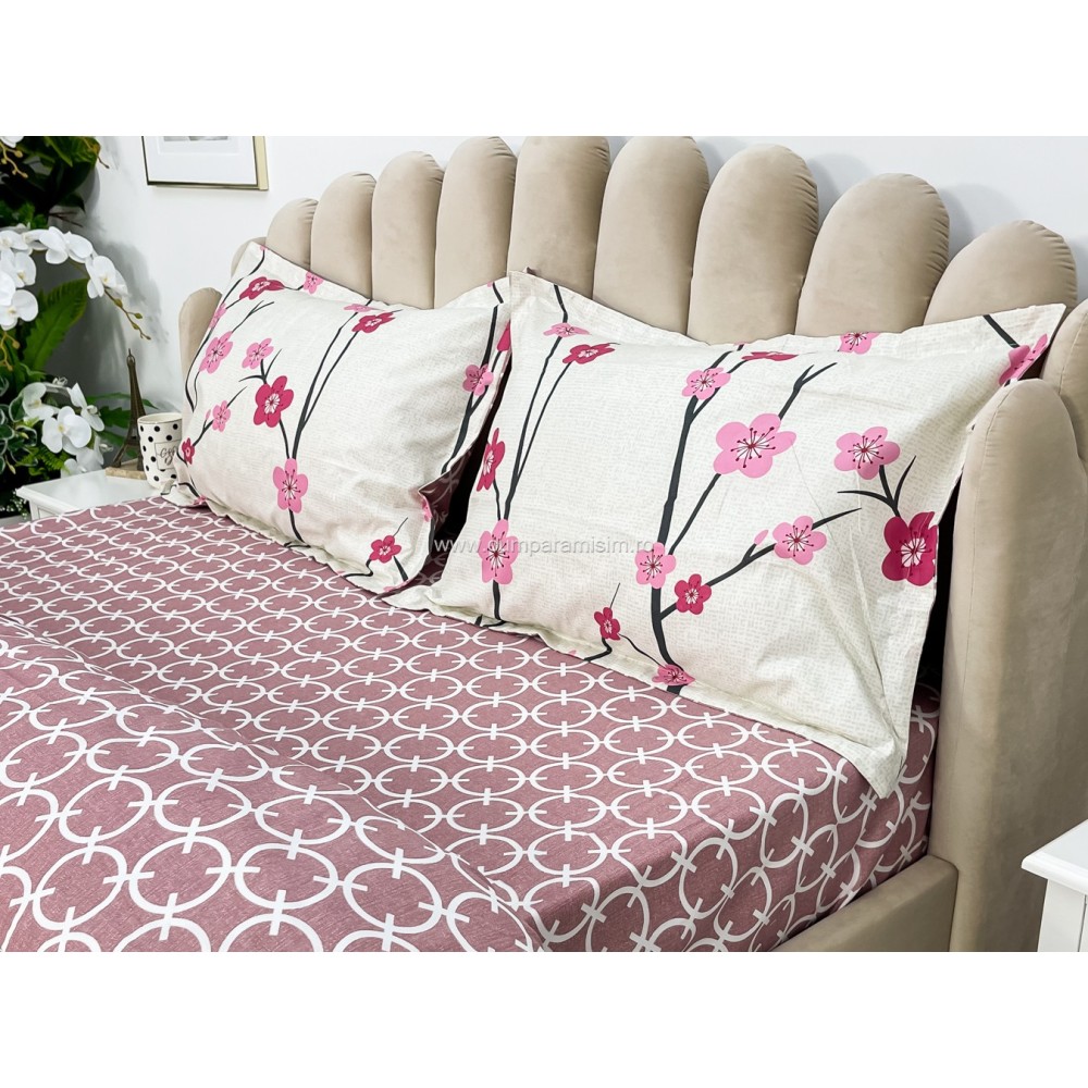Lenjerie pat dublu cu Elastic, bumbac satinat, Roz, flori - view 6
