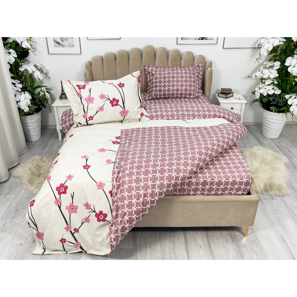 Lenjerie pat dublu cu Elastic, bumbac satinat, Roz, flori - view 7