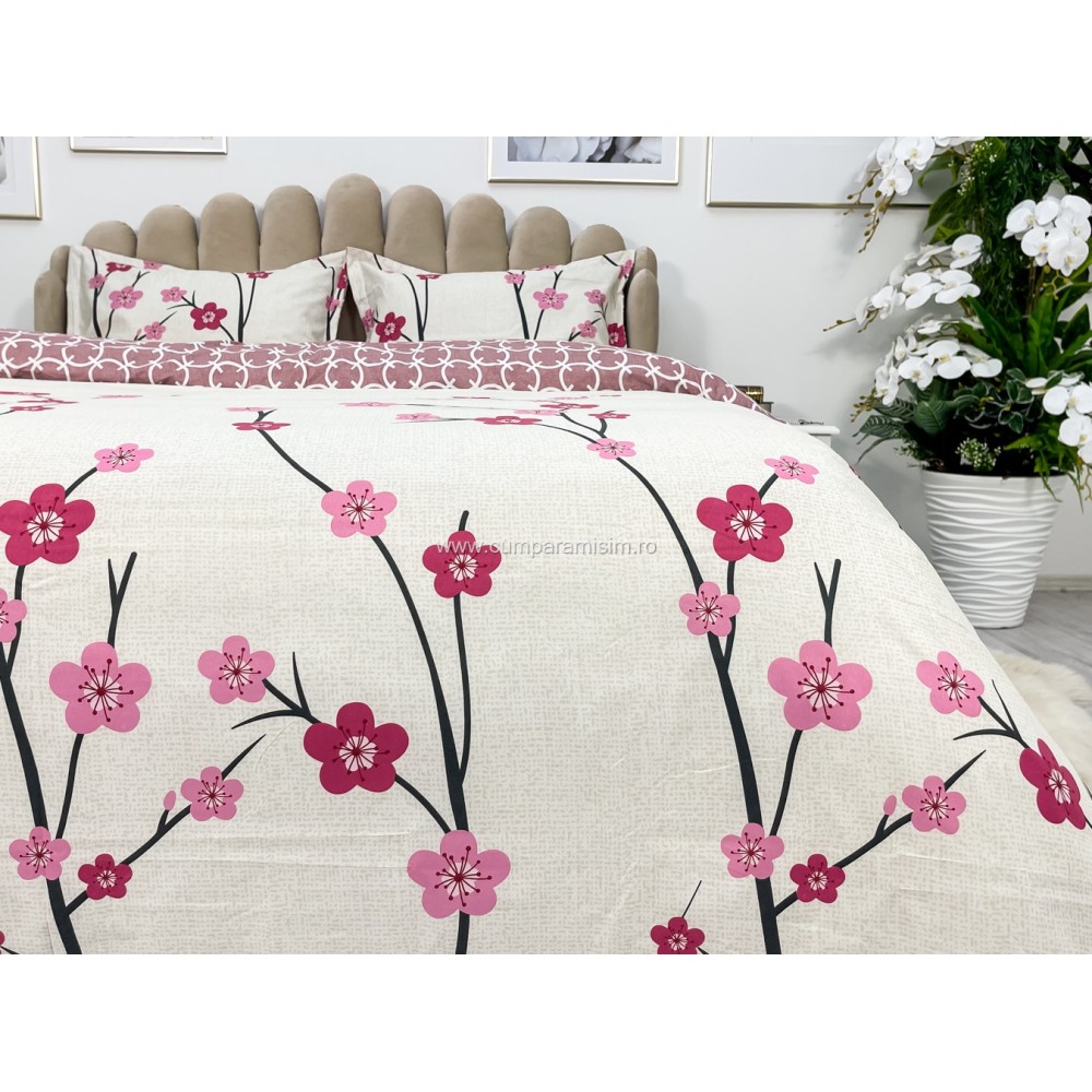 Lenjerie pat dublu cu Elastic, bumbac satinat, Roz, flori - view 8