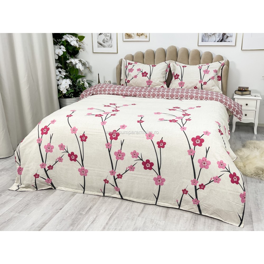 Lenjerie pat dublu cu Elastic, bumbac satinat, Roz, flori - view 9