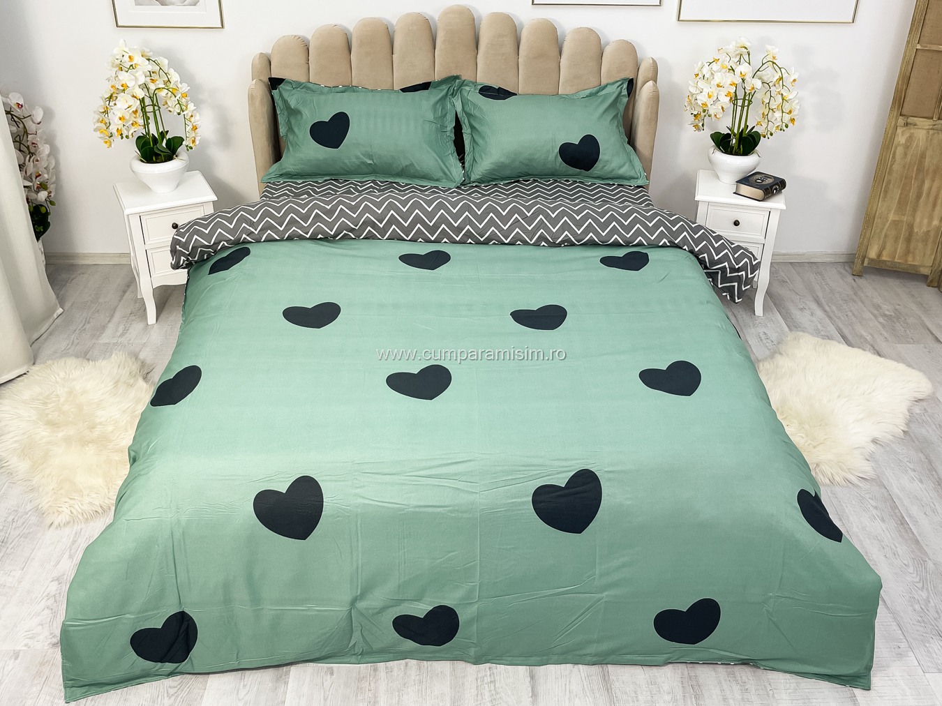 Lenjerie pat dublu cu Elastic, bumbac satinat, Verde, inimioare - imagine 2