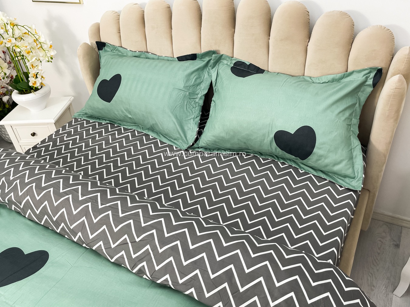 Lenjerie pat dublu cu Elastic, bumbac satinat, Verde, inimioare - imagine 6