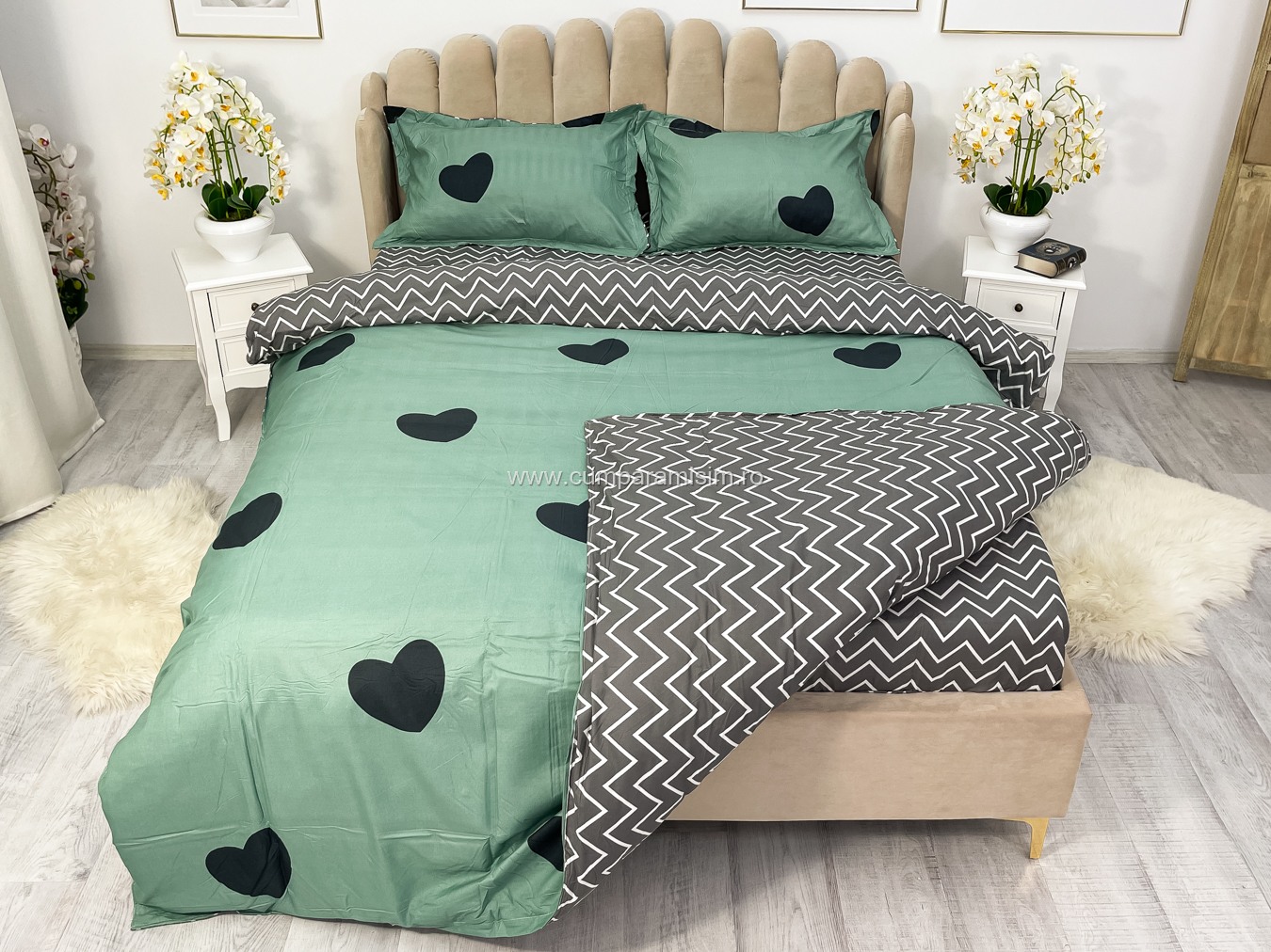 Lenjerie pat dublu cu Elastic, bumbac satinat, Verde, inimioare - imagine 7