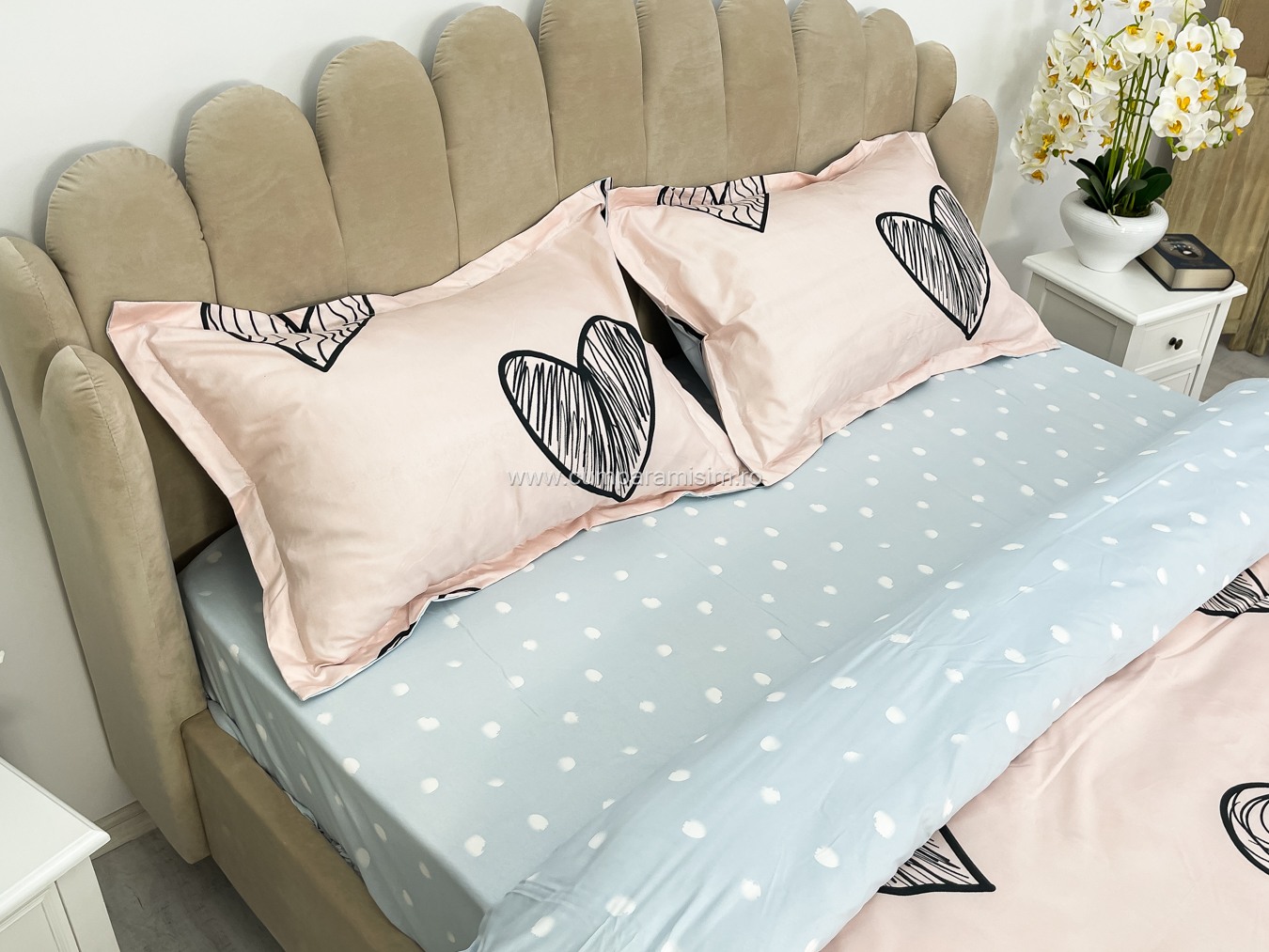 Lenjerie pat dublu cu Elastic, bumbac satinat, Roz, inimioare - view 5