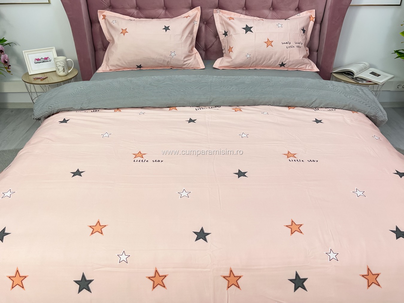 Lenjerie pat dublu cu Elastic, bumbac satinat, Roz, stelute - view 3