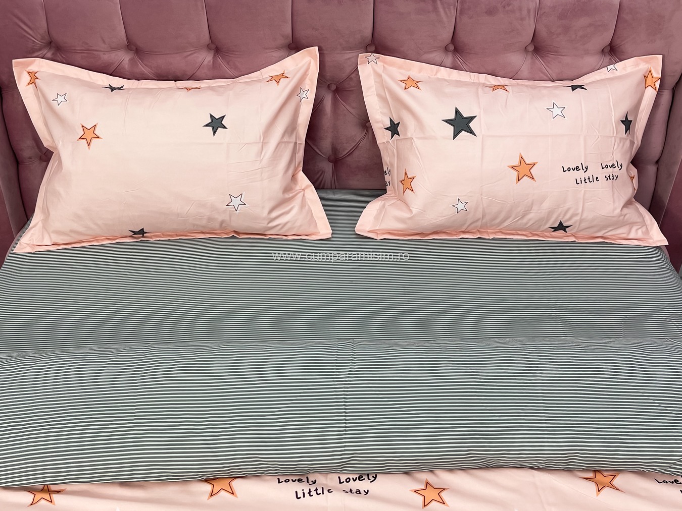Lenjerie pat dublu cu Elastic, bumbac satinat, Roz, stelute - view 4