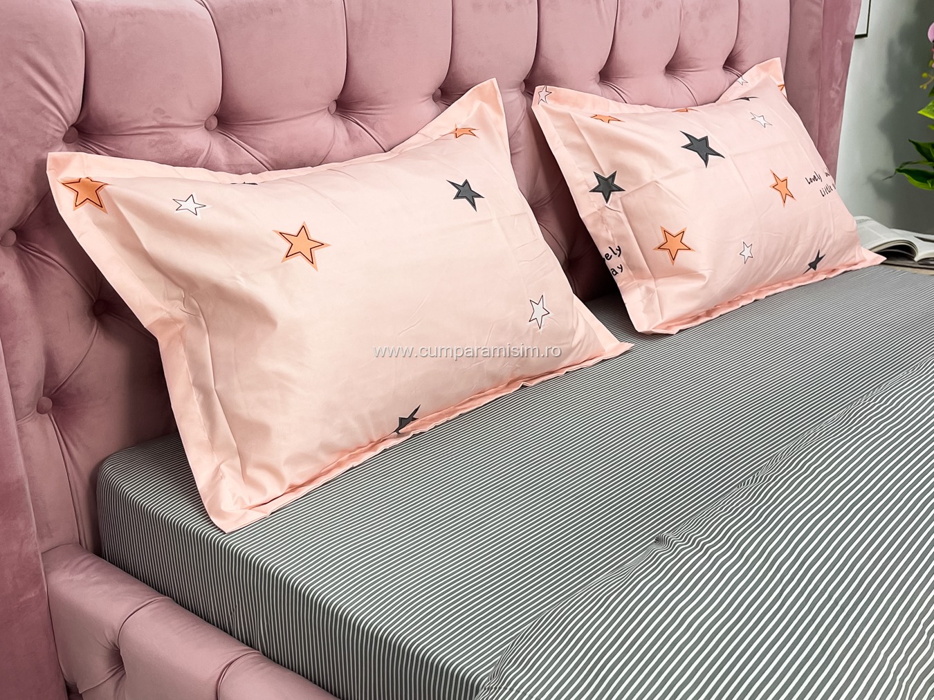 Lenjerie pat dublu cu Elastic, bumbac satinat, Roz, stelute - view 5