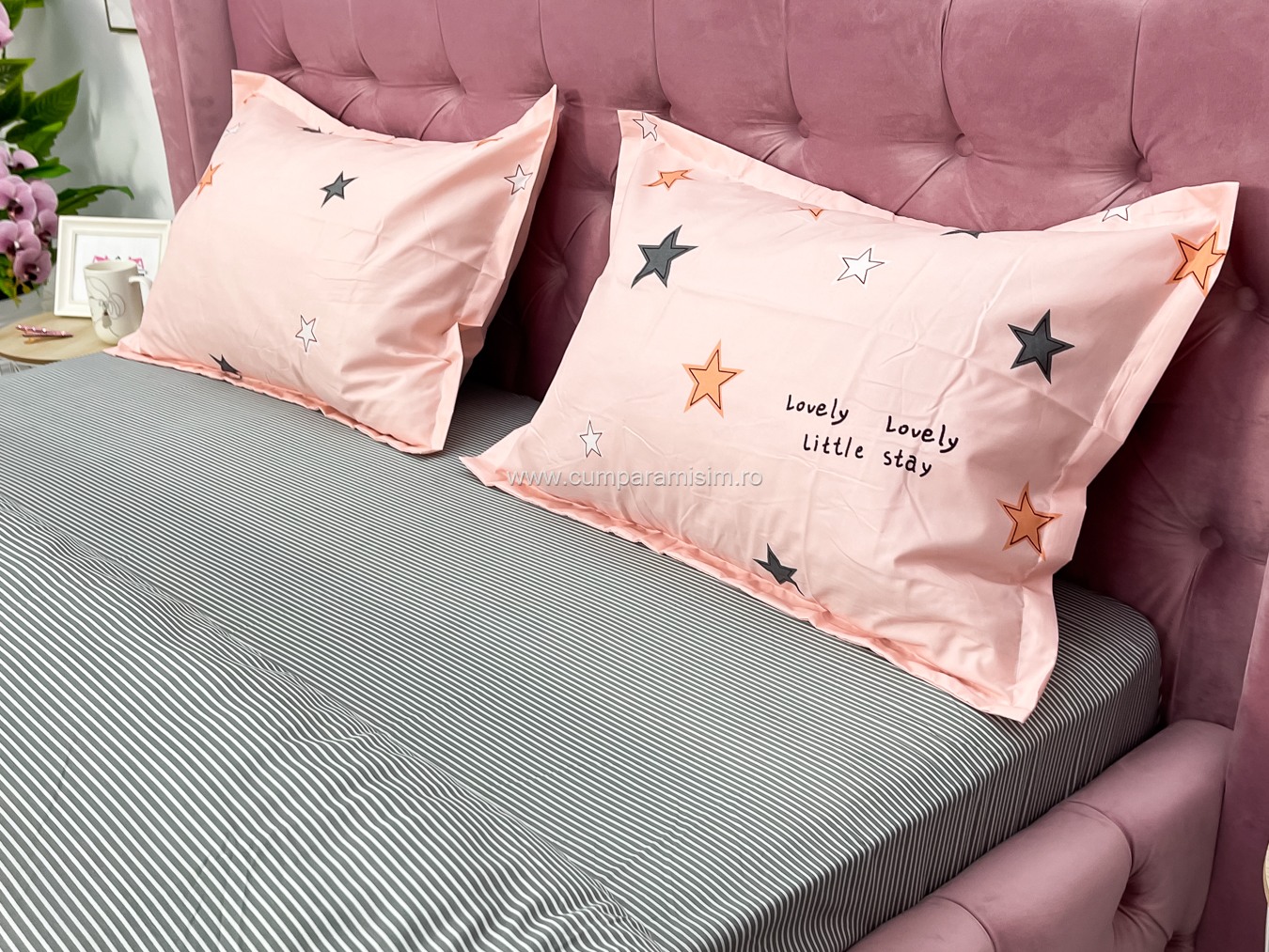 Lenjerie pat dublu cu Elastic, bumbac satinat, Roz, stelute - view 6