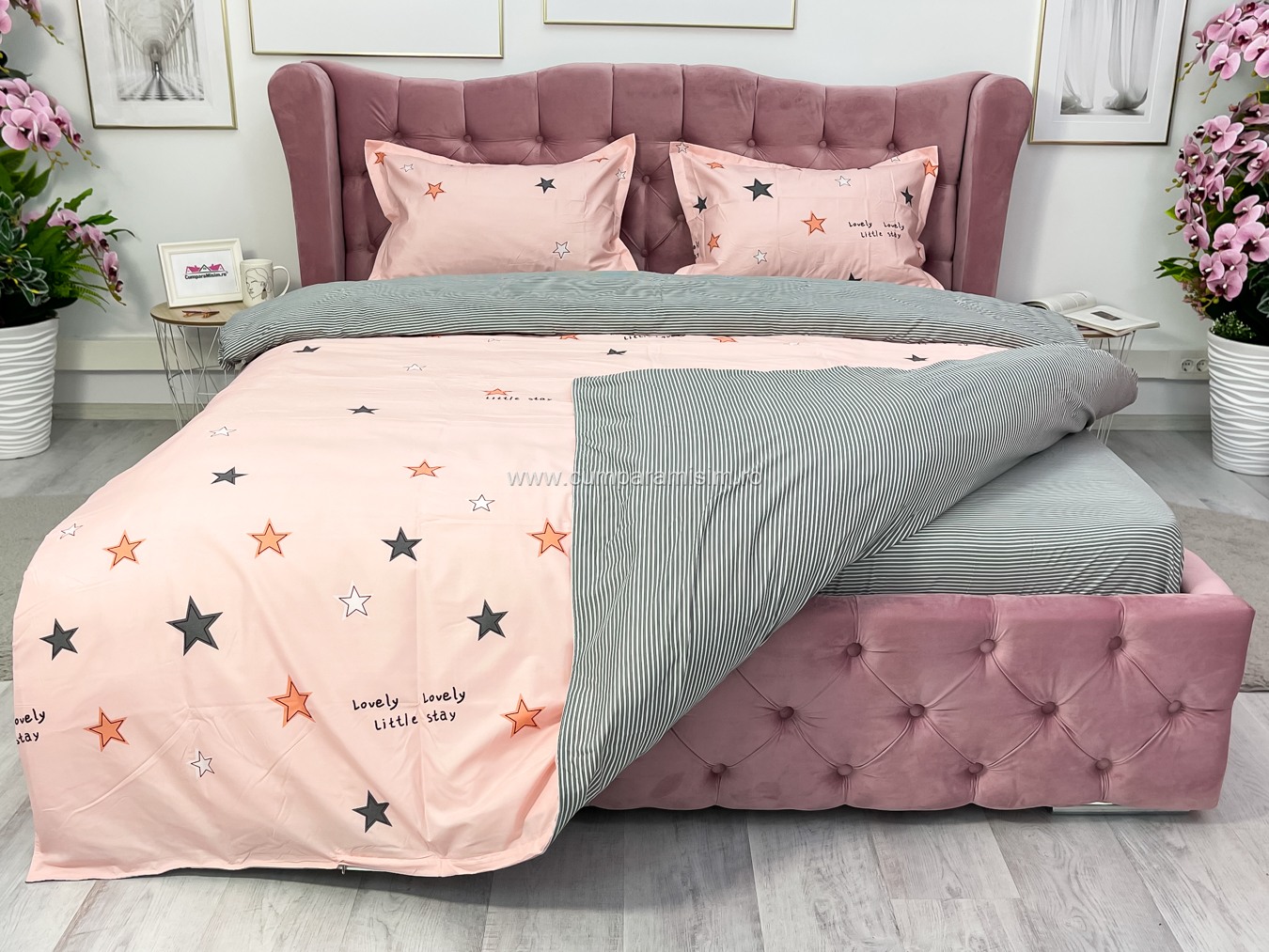 Lenjerie pat dublu cu Elastic, bumbac satinat, Roz, stelute - view 7