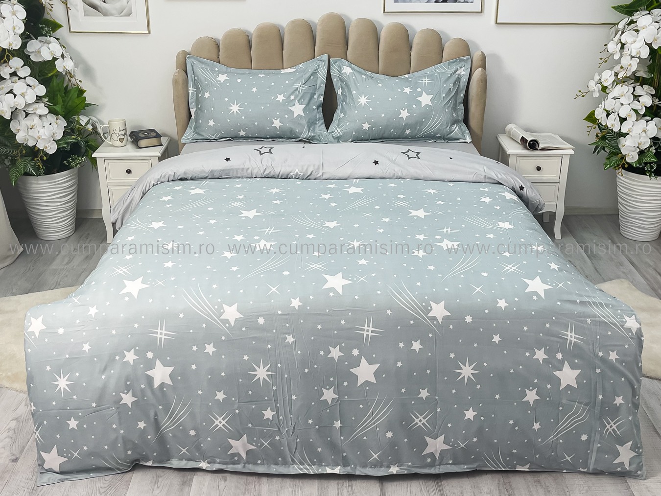 Lenjerie pat dublu cu Elastic, bumbac satinat, Gri, stelute - imagine 2