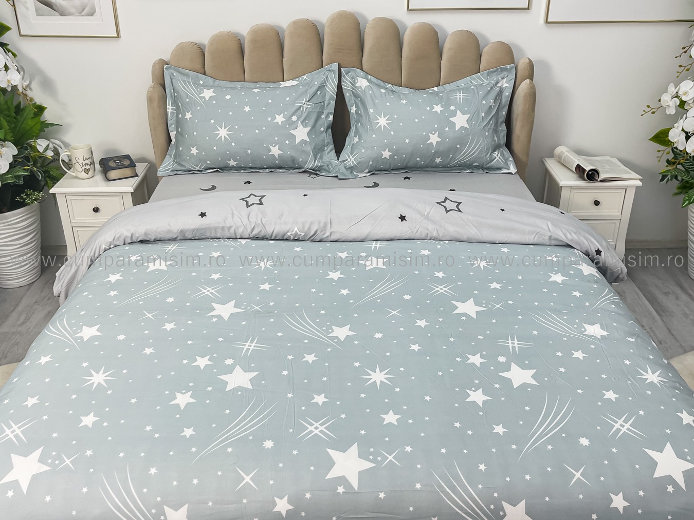 Lenjerie pat dublu cu Elastic, bumbac satinat, Gri, stelute - imagine 3