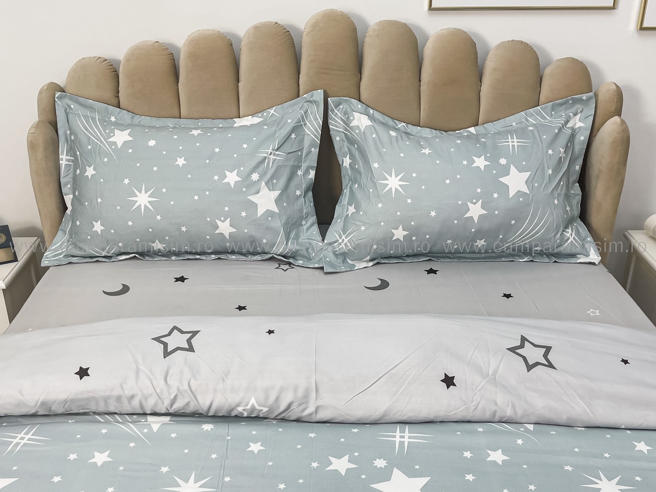 Lenjerie pat dublu cu Elastic, bumbac satinat, Gri, stelute - imagine 4