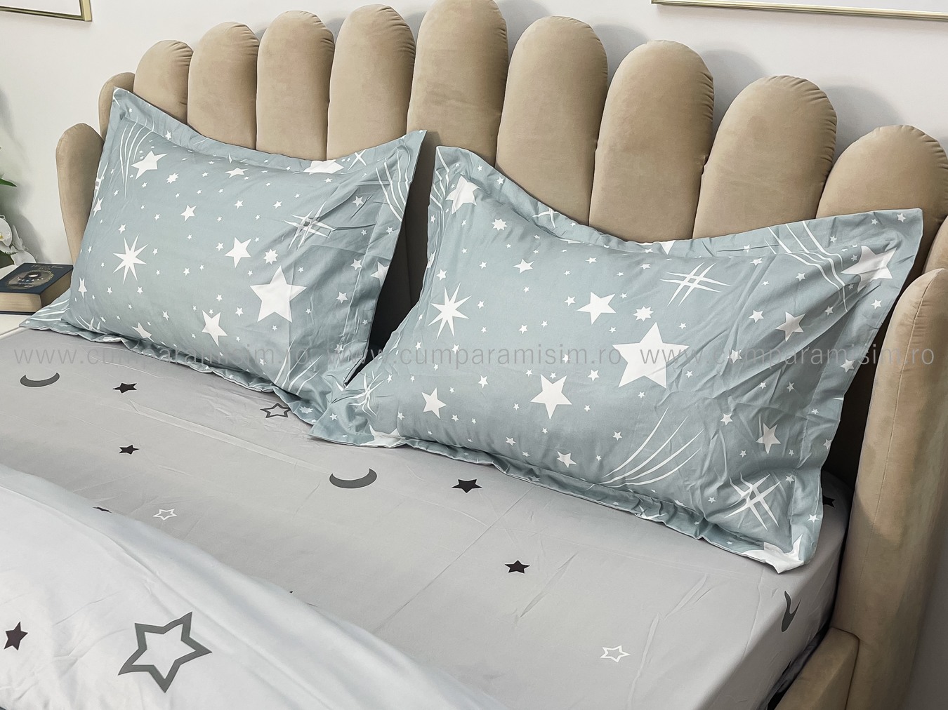 Lenjerie pat dublu cu Elastic, bumbac satinat, Gri, stelute - imagine 5