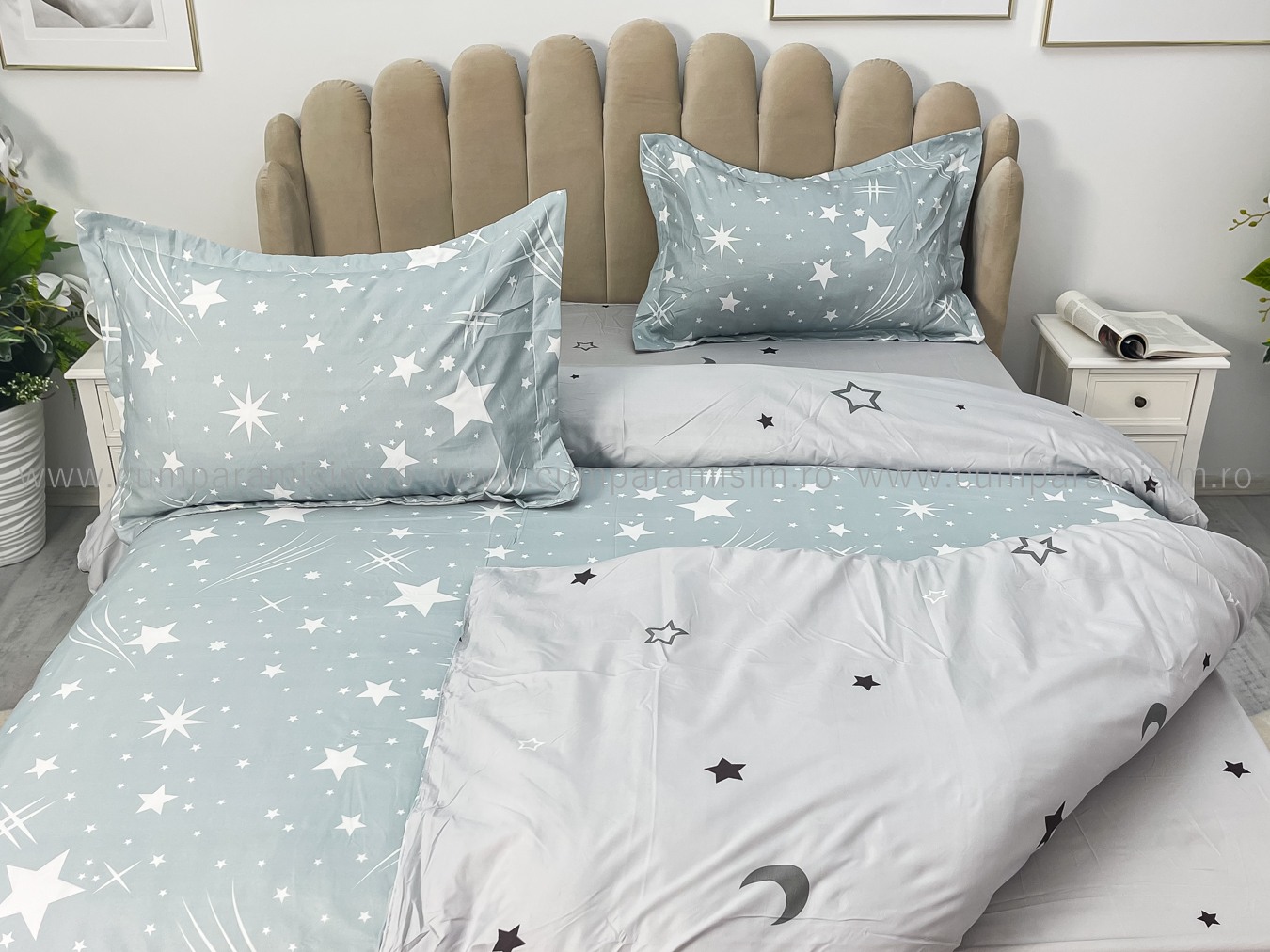 Lenjerie pat dublu cu Elastic, bumbac satinat, Gri, stelute - imagine 6