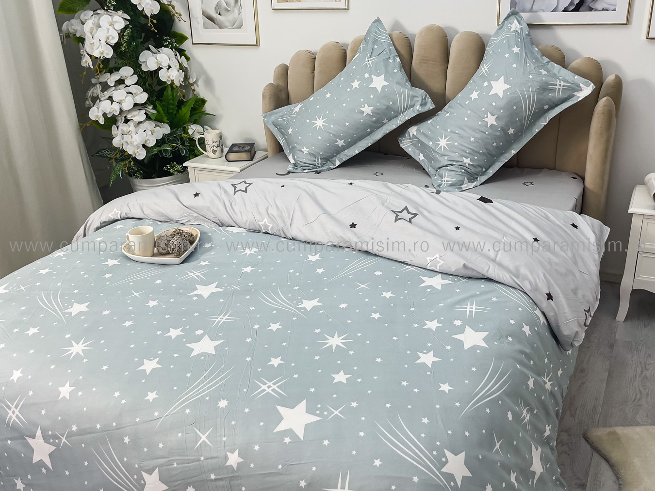 Lenjerie pat dublu cu Elastic, bumbac satinat, Gri, stelute - imagine 7