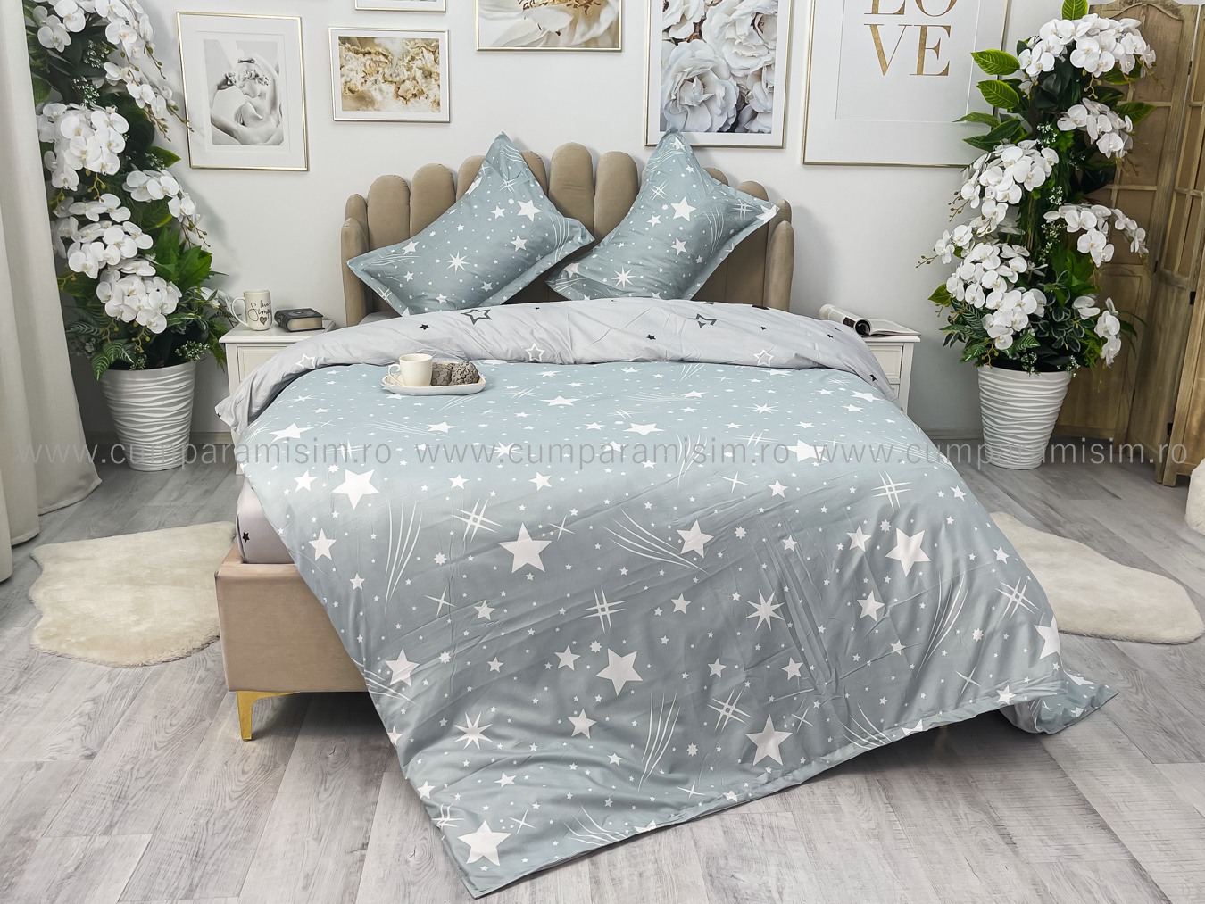 Lenjerie pat dublu cu Elastic, bumbac satinat, Gri, stelute - imagine 8