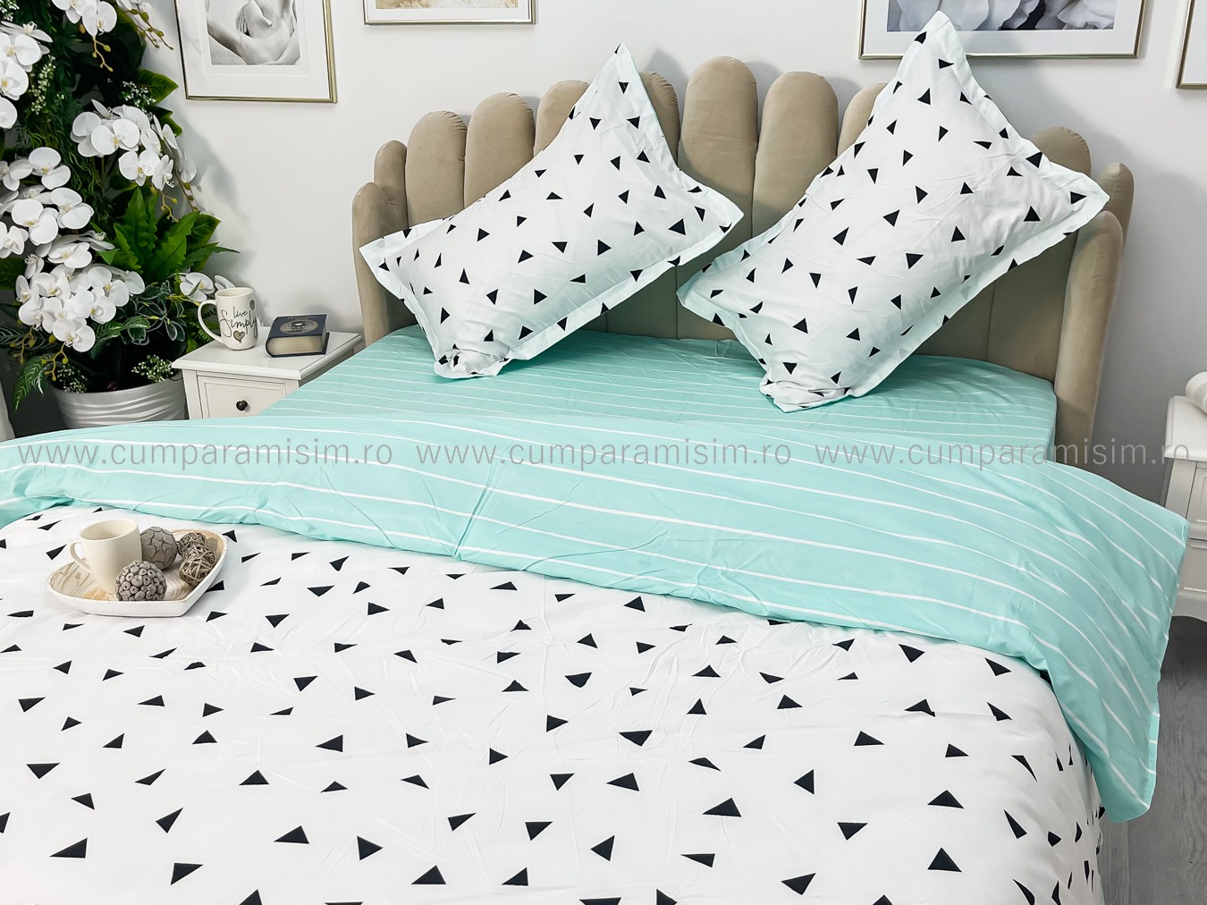 Lenjerie pat dublu cu Elastic, bumbac satinat, Alb, forme geometrice - view 8