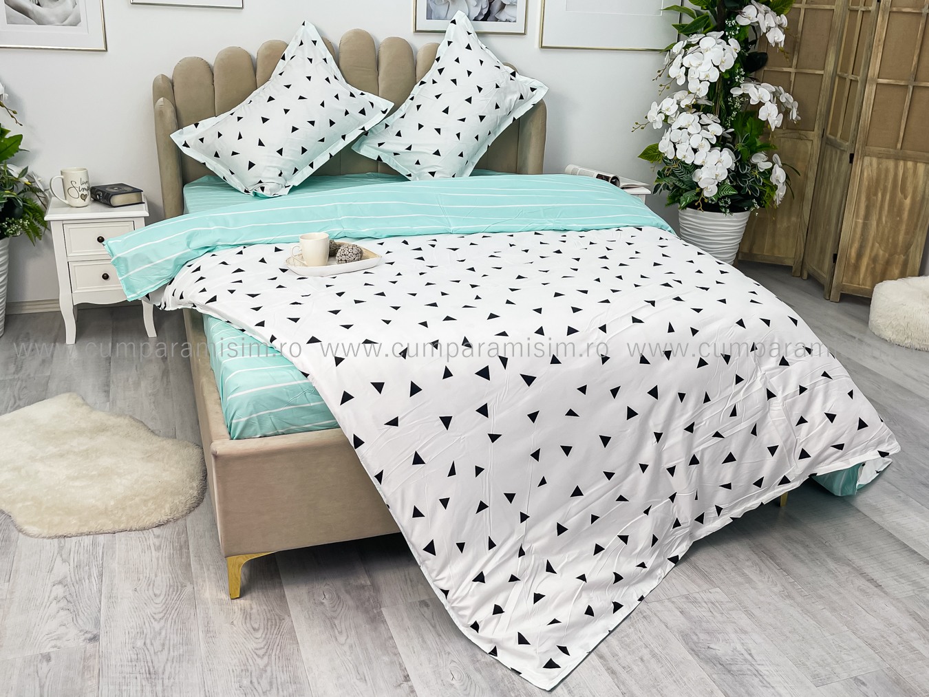 Lenjerie pat dublu cu Elastic, bumbac satinat, Alb, forme geometrice - view 9