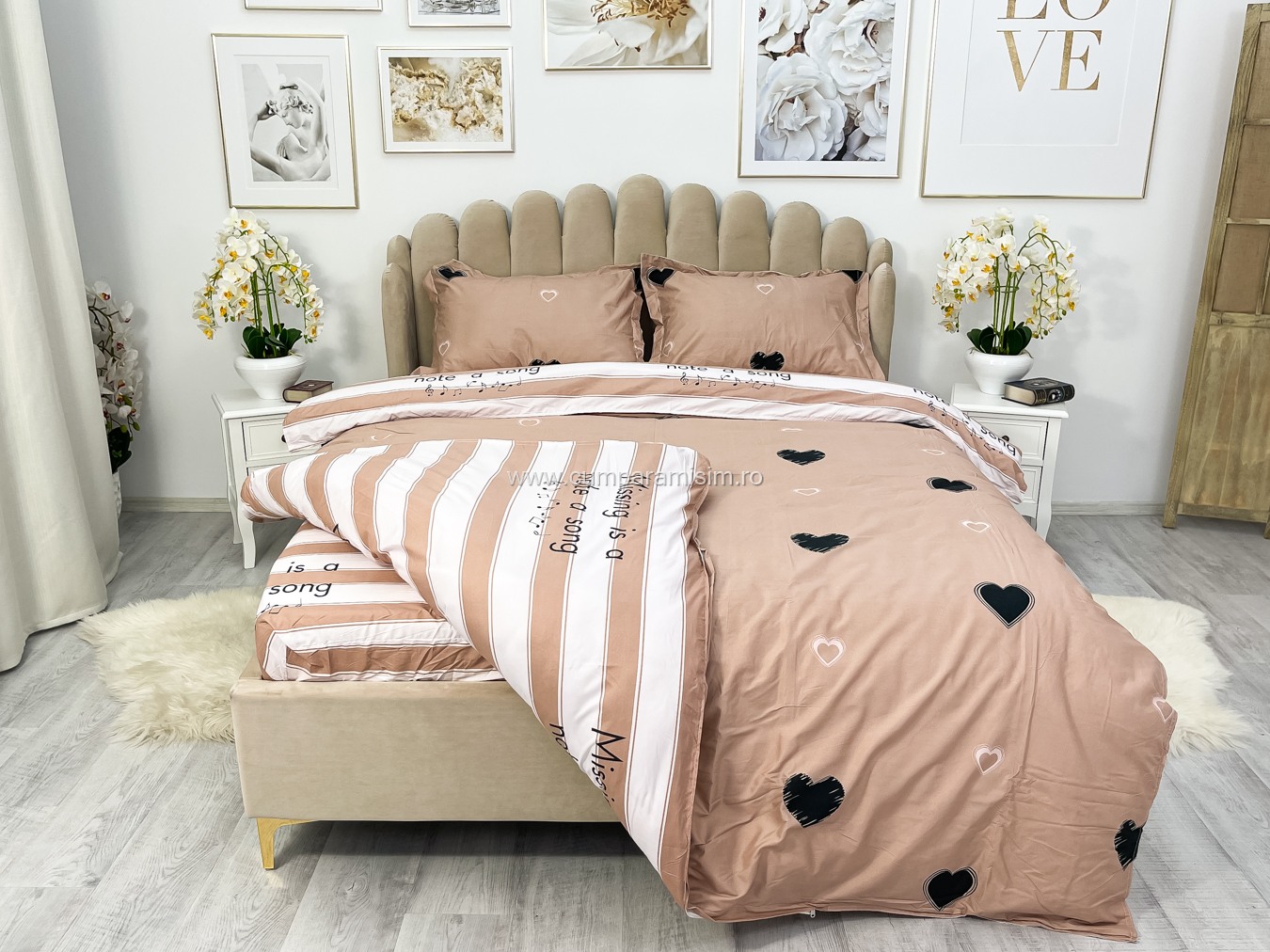 Lenjerie pat dublu cu Elastic, bumbac satinat, Pudra, inimioare - view 7