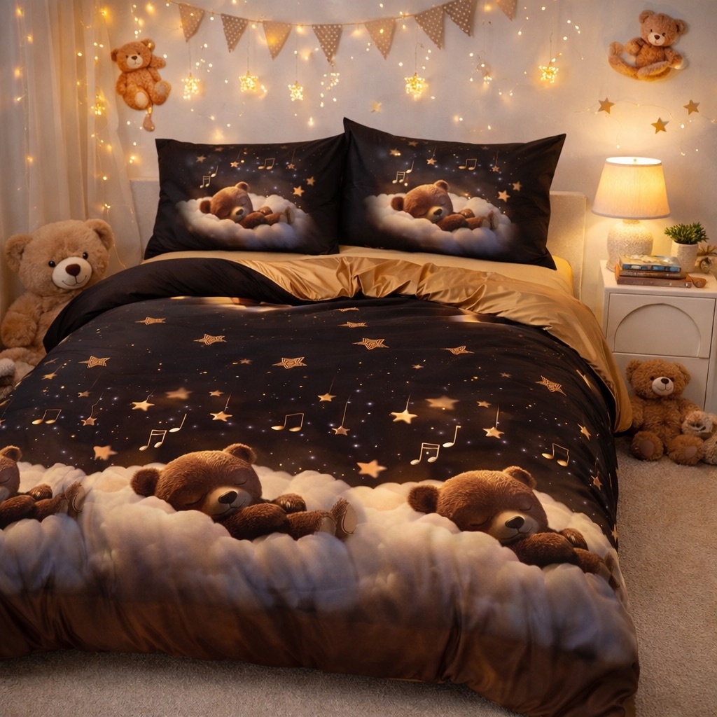 Lenjerie pat dublu cu Elastic, bumbac satinat, Maro, ursuleti - imagine 2