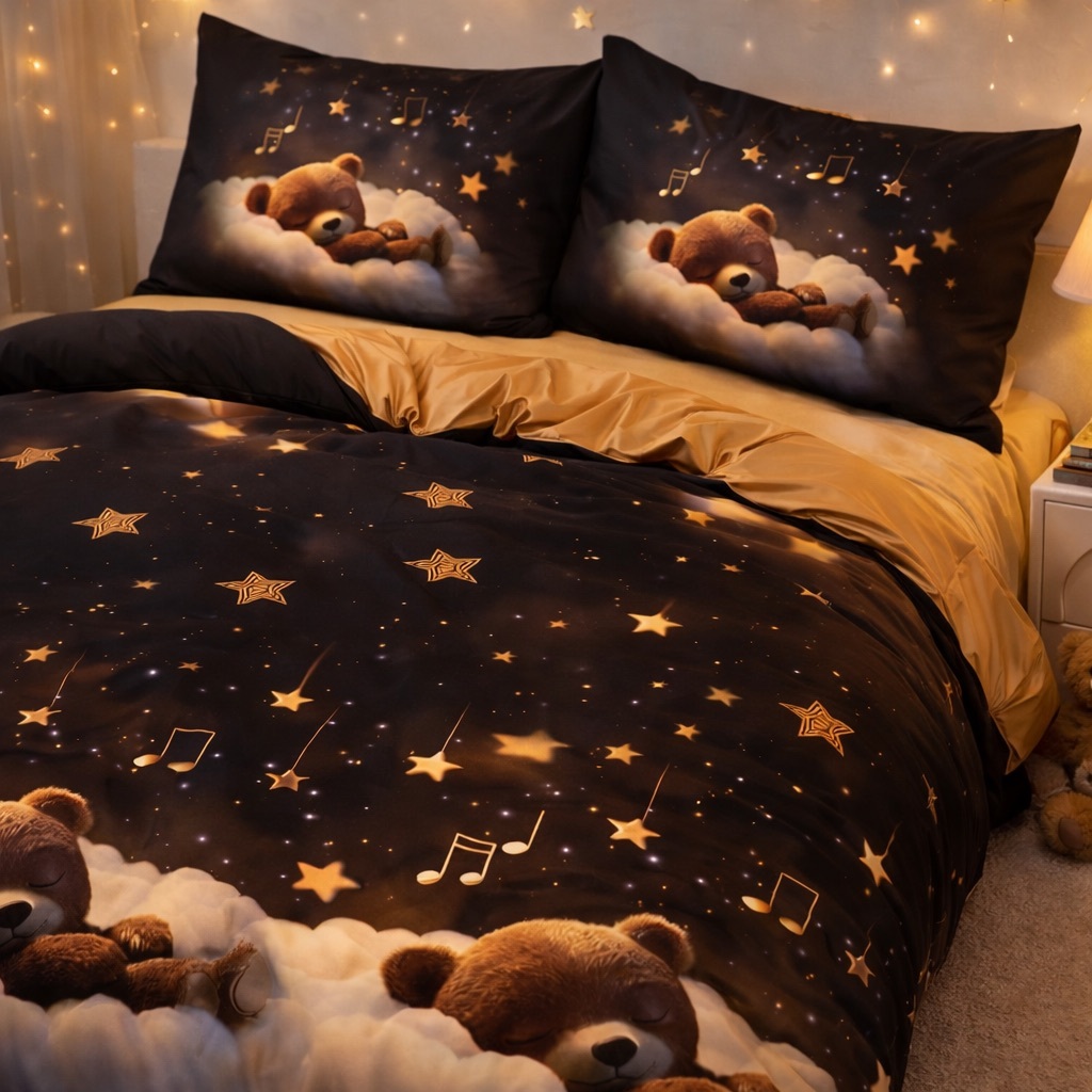 Lenjerie pat dublu cu Elastic, bumbac satinat, Maro, ursuleti - imagine 3