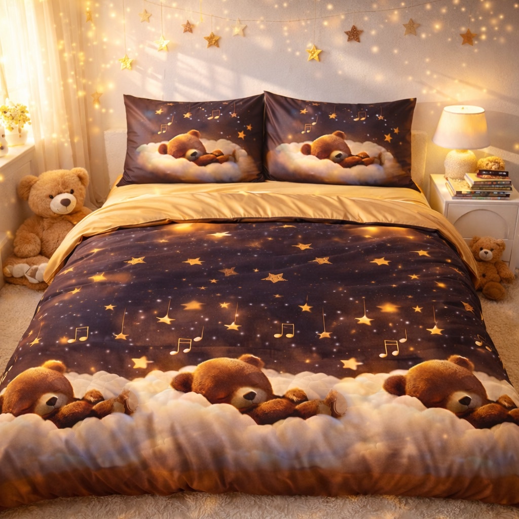 Lenjerie pat dublu cu Elastic, bumbac satinat, Maro, ursuleti - imagine 5