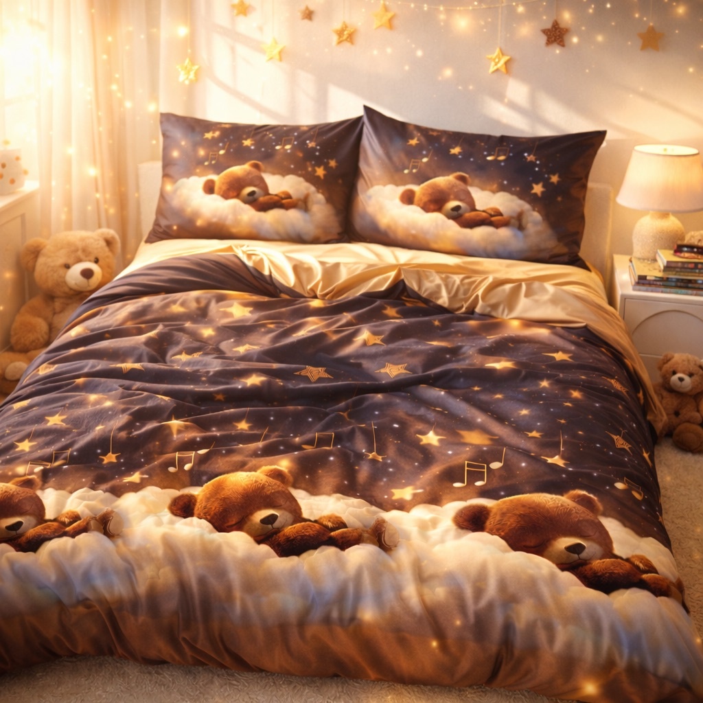 Lenjerie pat dublu cu Elastic, bumbac satinat, Maro, ursuleti - imagine 6