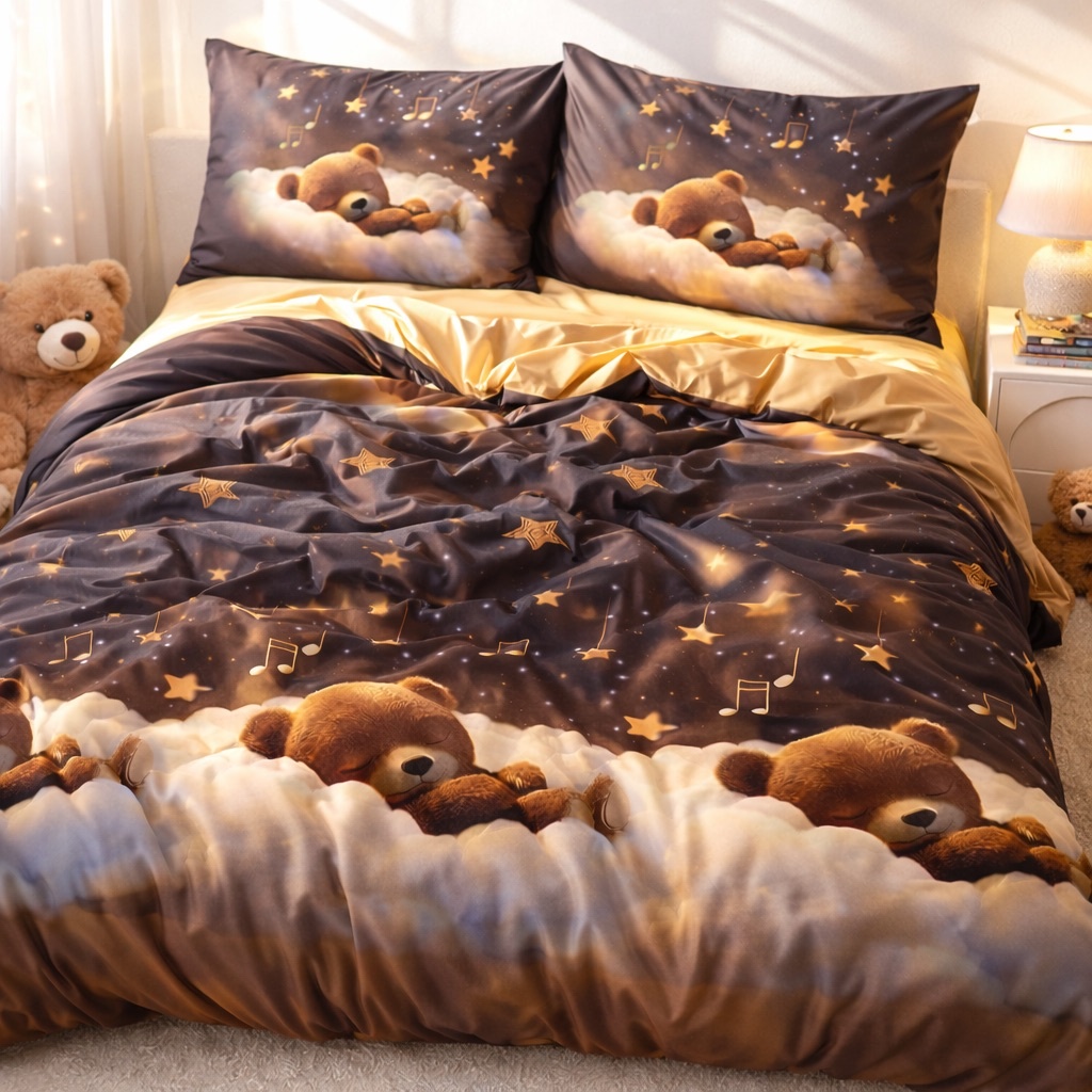Lenjerie pat dublu cu Elastic, bumbac satinat, Maro, ursuleti - imagine 7
