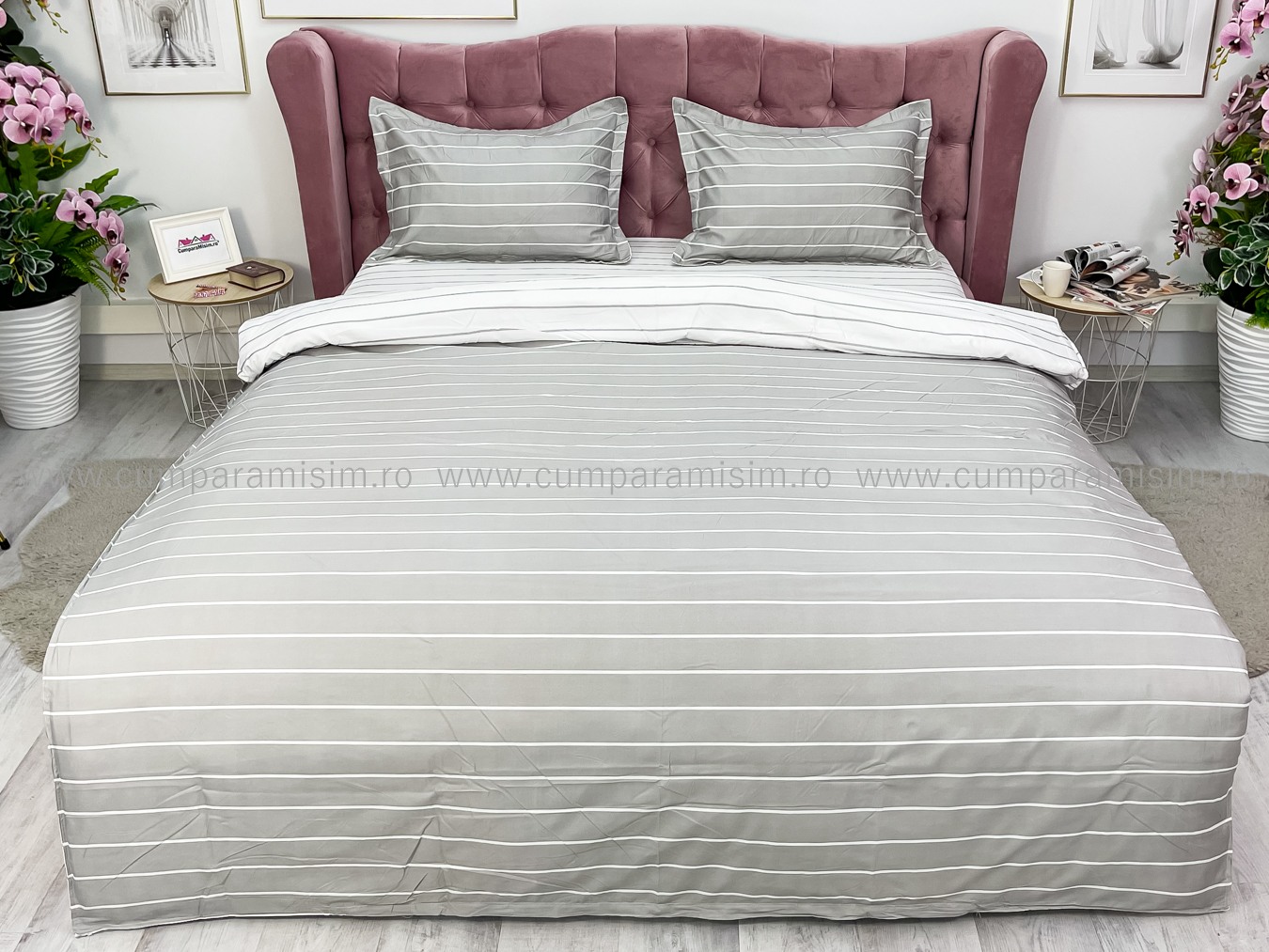 Lenjerie pat dublu cu Elastic, bumbac satinat, Gri, dungi - imagine 2