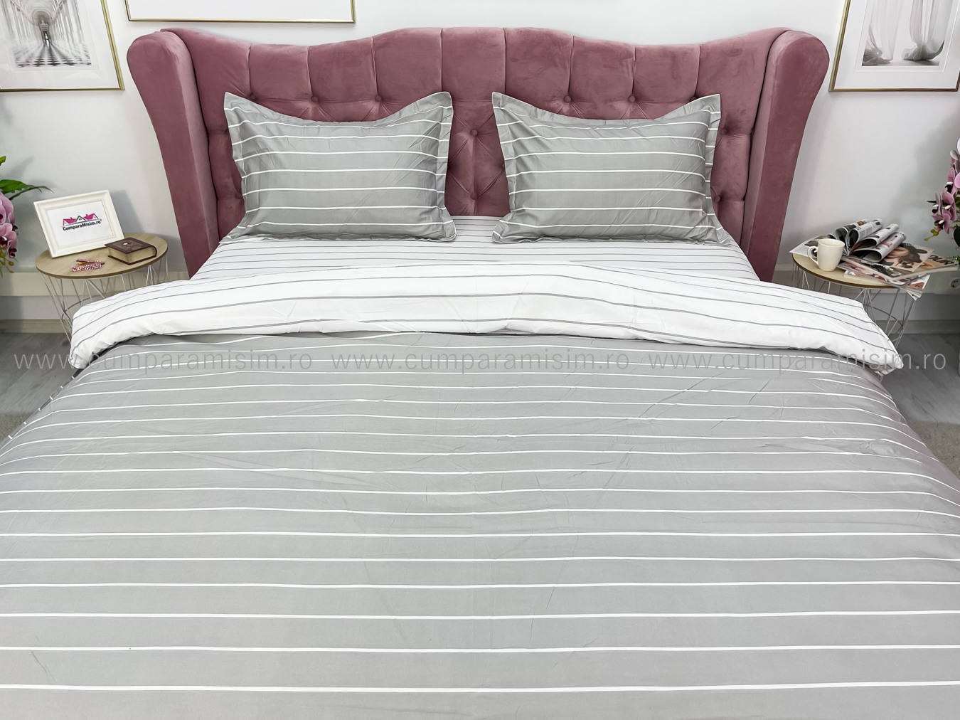 Lenjerie pat dublu cu Elastic, bumbac satinat, Gri, dungi - imagine 3