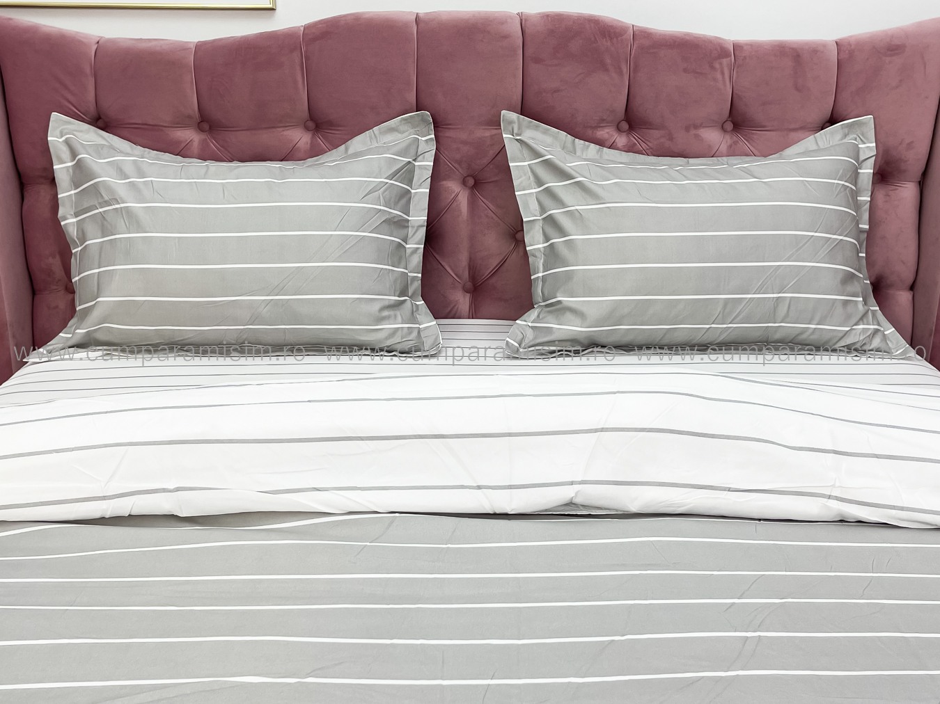 Lenjerie pat dublu cu Elastic, bumbac satinat, Gri, dungi - imagine 4